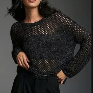 Anthropologie Pilcro Sweater Black Sparkly Open Knit Crochet Sweater XL